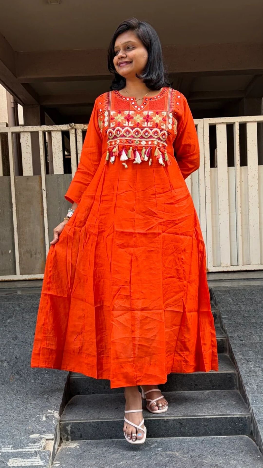 Rust Orange Embroidered Flared Kurti